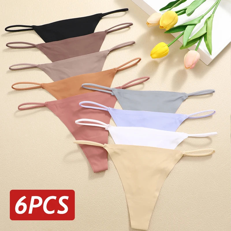 6Pcs -  Lingerie Sem Costura Tanga Fio Dental de Seda Gelada